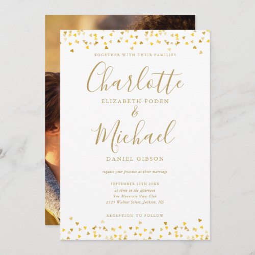 Gold Hearts Confetti Elegant Script Photo Wedding Invitation