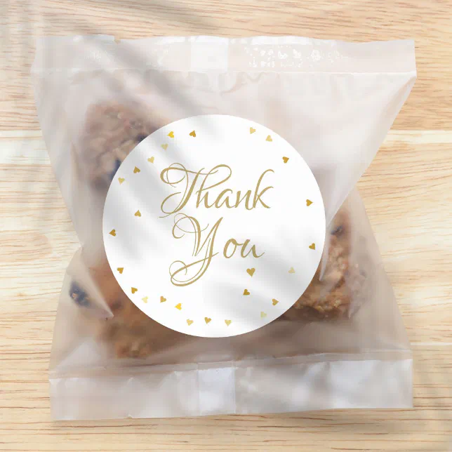Gold Hearts Confetti Elegant Script Thank You Classic Round Sticker ...