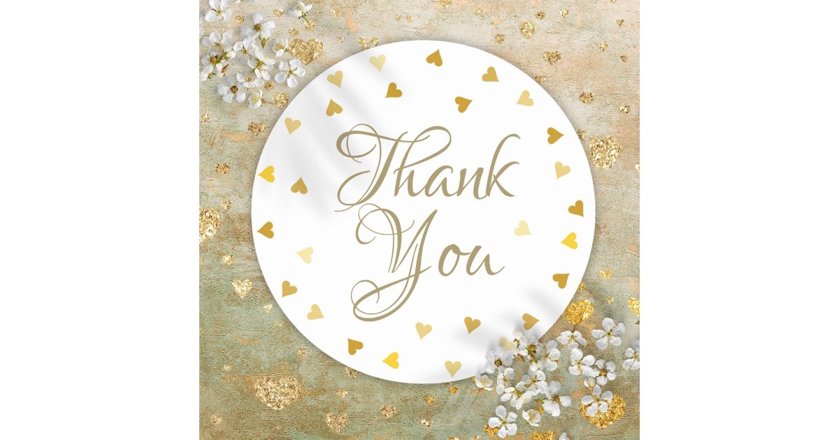 Gold Hearts Confetti Elegant Script Thank You Classic Round Sticker ...