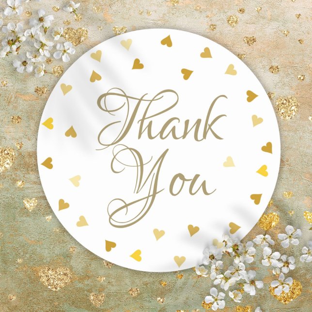 Gold Hearts Confetti Elegant Script Thank You Classic Round Sticker (Gold Hearts Confetti Elegant Script Thank You Classic Round Sticker)