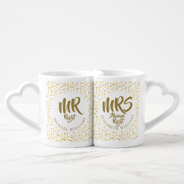 Gold Hearts Confetti Mr Right Mrs Always Right Coffee Mug Set (Front Nesting)