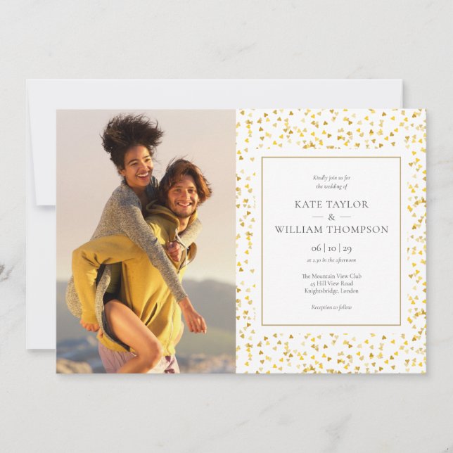 Gold Hearts Confetti Photos Wedding Invitation (Front)