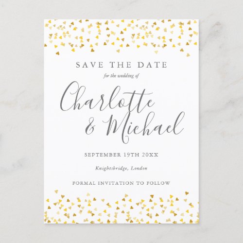 Gold Hearts Confetti Save the Date Announcement Postcard