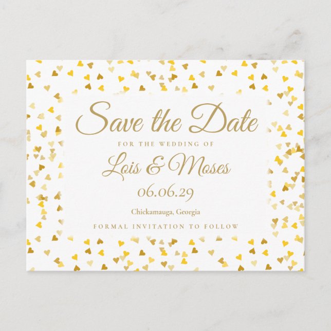 Gold Hearts Confetti Save the Date Announcement Postcard (Front)