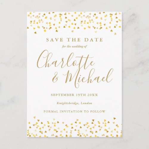 Gold Hearts Confetti Save The Date Postcard