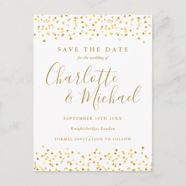Gold Hearts Confetti Save The Date Postcard (Front)