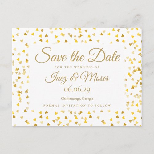 Gold Hearts Confetti Save the Date Postcard