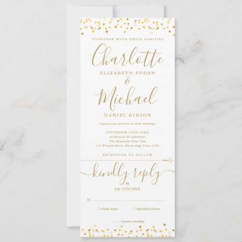 Gold Hearts Confetti Script All In One Wedding Invitation