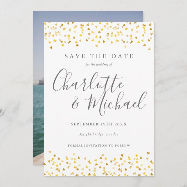 Gold Hearts Confetti Script Photo Save The Date (Front/Back)
