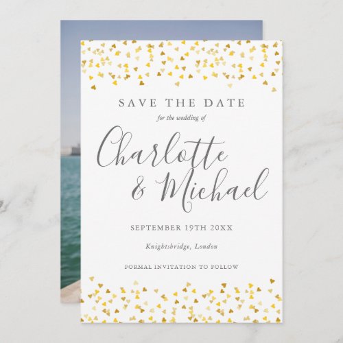 Gold Hearts Confetti Script Photo Save The Date