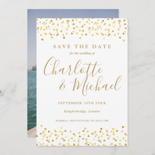 Gold Hearts Confetti Script Photo Wedding Save The Date