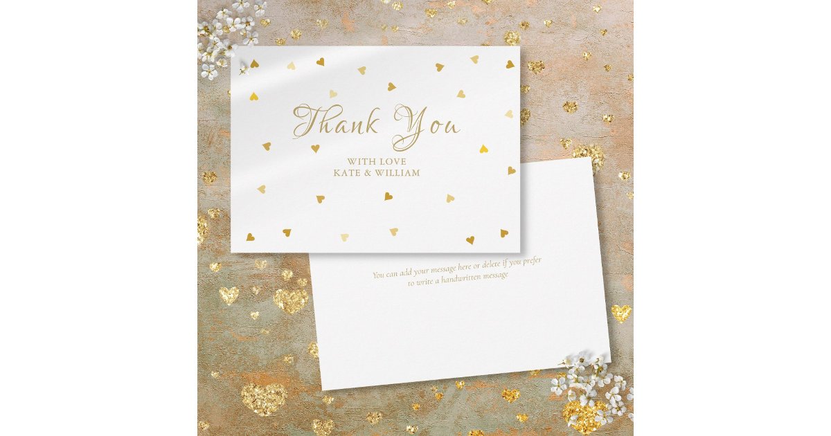 Gold Hearts Confetti Script Thank You Card | Zazzle
