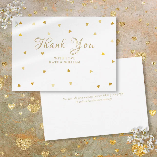 Gold Hearts Confetti Script Thank You Card | Zazzle