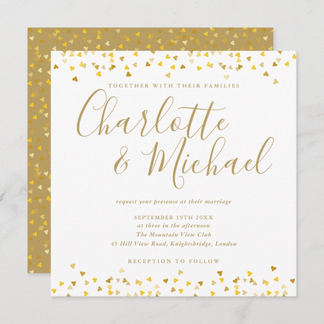 Gold Hearts Confetti Script Wedding Square Invitation (Front/Back)