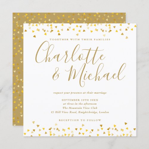 Gold Hearts Confetti Script Wedding Square Invitation