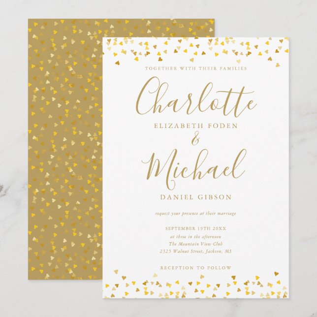 Gold Hearts Confetti Signature Script Wedding Invitation (Front/Back)
