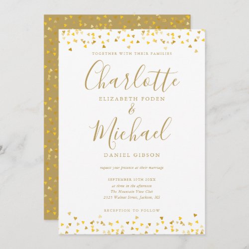 Gold Hearts Confetti Signature Script Wedding Invitation