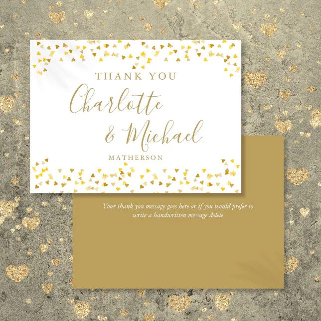 Gold Hearts Confetti Signature Script Wedding Thank You Card | Zazzle