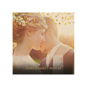 Gold Hearts Confetti Wedding Photo Keepsake Wood Wall Decor