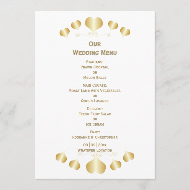 Gold Hearts Design Wedding Menu (Front)