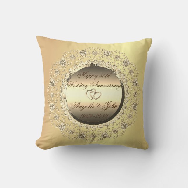 Gold Hearts Diamonds 50th Wedding Anniversary Throw Pillow (Front)
