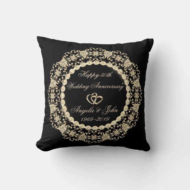 Gold Hearts Diamonds 50th Wedding Anniversary Throw Pillow (Front)