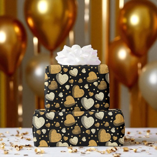Gold Hearts, Elegant Black, Luxe Celebration Wrapping Paper (Luxe gold hearts on black glam gift wrap for birthdays, weddings, and special celebrations.)