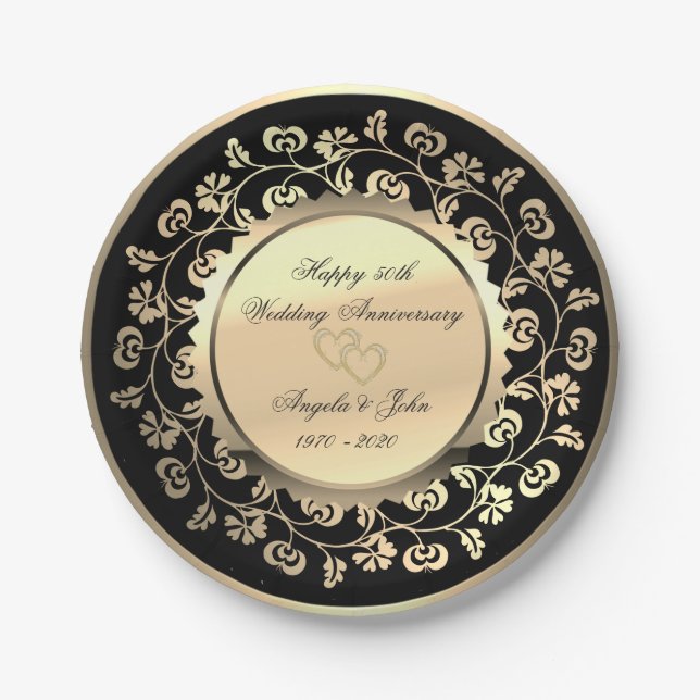 Gold Hearts Floral 50th Wedding Anniversar Paper Plates (Front)