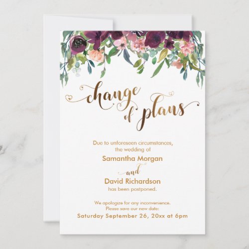 Gold Hearts Floral Change of Plans Wedding Card