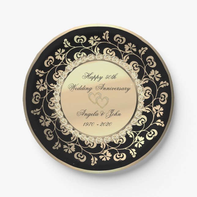 Gold Hearts Floral Diamonds 50thWedding Anniversar Paper Plates (Front)