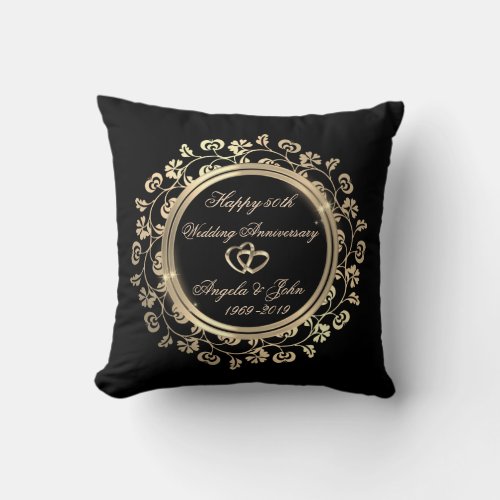 Gold HeartsFloral Swirls 50th Wedding Anniversary Throw Pillow