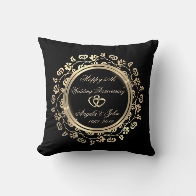 Gold Hearts,Floral Swirls 50th Wedding Anniversary Throw Pillow (Front)