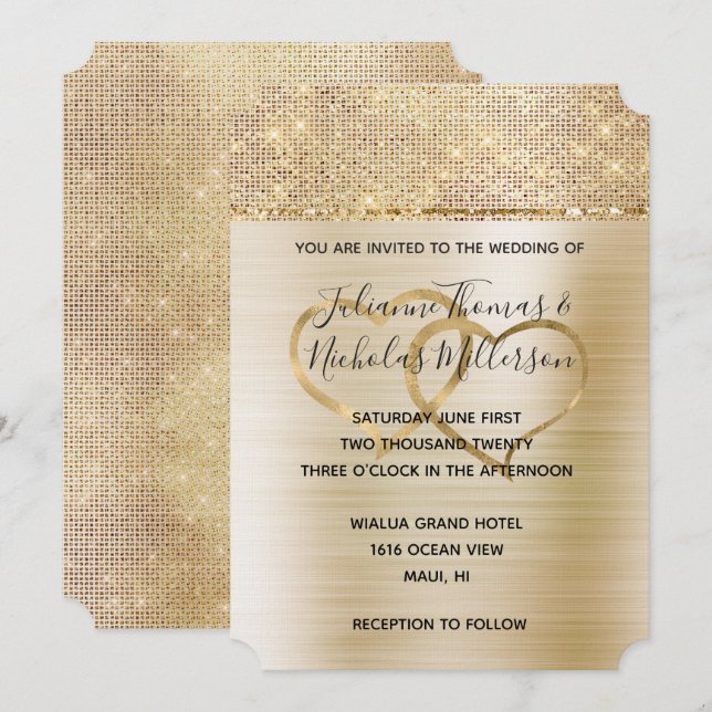 Gold Hearts Glam Sparkle Wedding  Invitation (Front/Back)