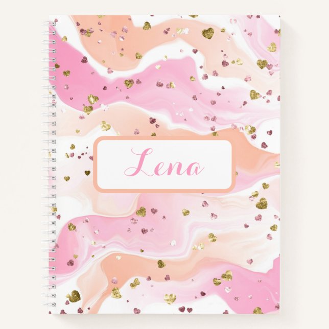 Gold Hearts Glitter Pink Personalized Notebook (Front)