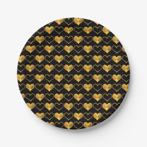 Gold Hearts  Heart Outlines on Black Background Paper Plates
