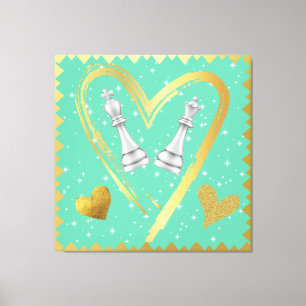 Gold Hearts King and Queen Chess Pieces on Sage Canvas Print