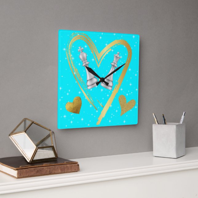 Gold Hearts King and Queen Chess Pieces on Turq | Square Wall Clock (Office)