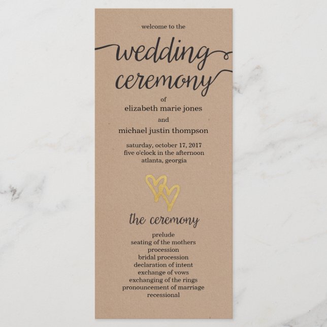 Gold Hearts Kraft Wedding Program (Front)