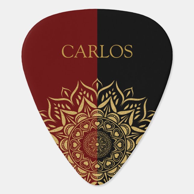Gold hearts mandala on black and red background guitar pick (Back)