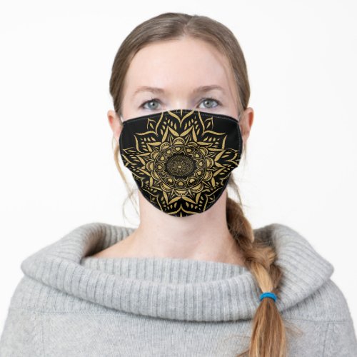 Gold hearts mandala on black background adult cloth face mask