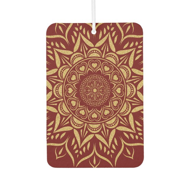 Gold hearts mandala on dark-red air freshener (Front)