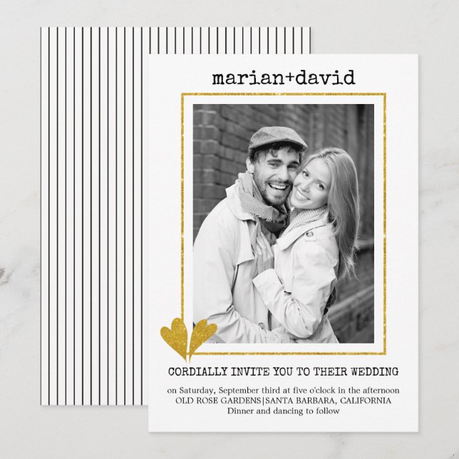Gold hearts modern typewriter wedding photo invitation (Front/Back)