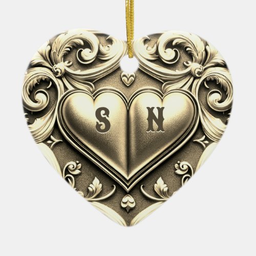 Gold Hearts Monogram Heart  Ceramic Ornament