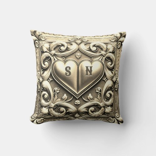 Gold Hearts Monogram Heart  Throw Pillow