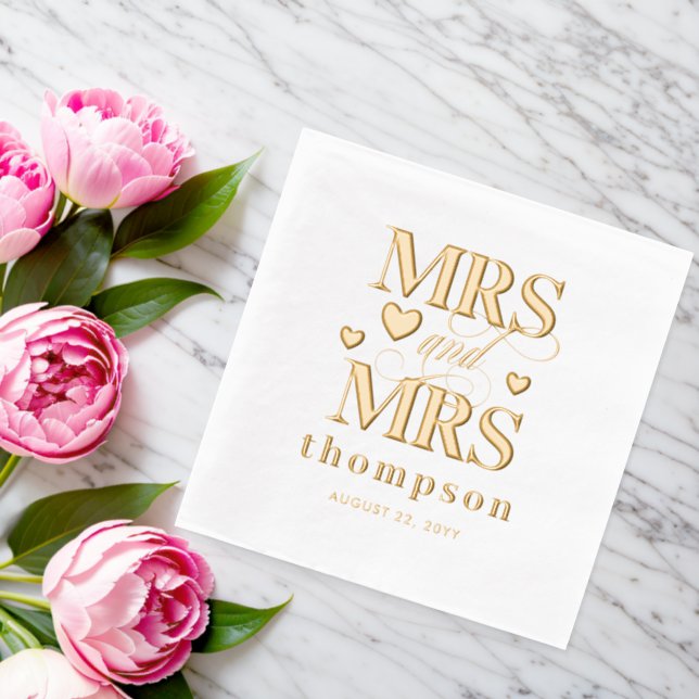 Gold Hearts Mrs & Mrs Lesbian Wedding Foil Napkins (Insitu (Wedding))