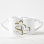 Gold Hearts Newlywed Mug Set<br><div class="desc">Custom white ceramic interlocking mug set,  with graphics of two entwined gold glitter looking hearts.  Golden brown text is ready to personalize with the bride and groom's names and wedding date.  Lovely gift idea to the newlyweds.</div>