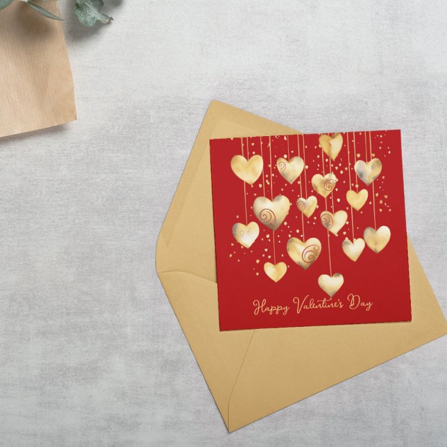 Gold Hearts on A String Note Card (Cute and small school Valentine's Day cards for kids.  Customize the front and back of this card. )
