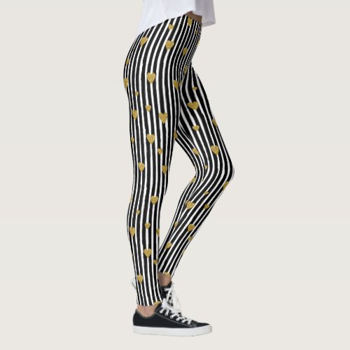 Gold Hearts On Black And White Stripes Leggings