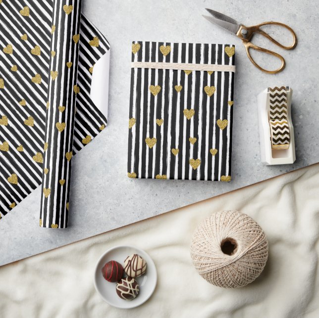 Gold Hearts On Black And White Stripes  Wrapping Paper (Crafts)