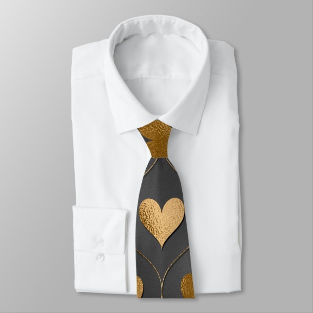 Gold Hearts on Black Elegant Valentine Neck Tie (Tied)